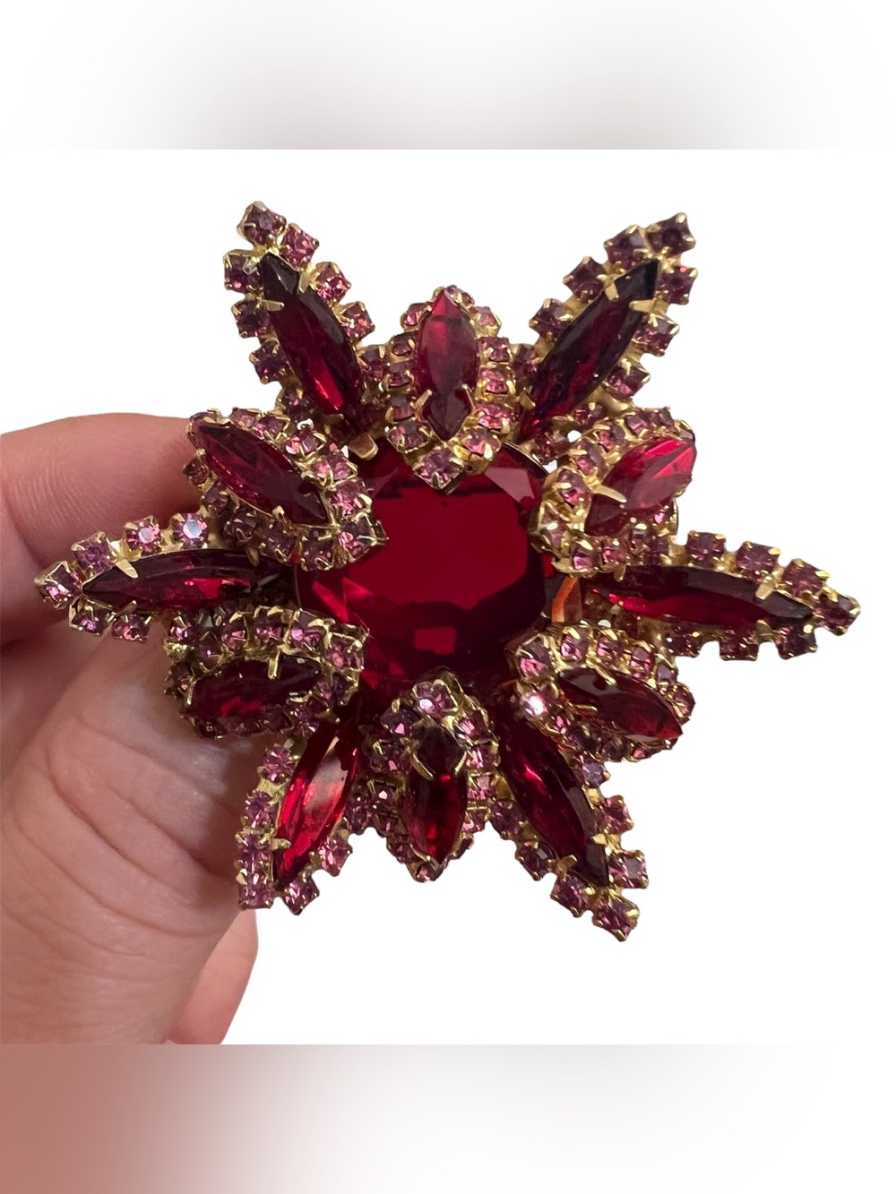 Vintage 1950s Unsigned High Tiered Ruby Red & Pink Rhinestone Starburst Brooch